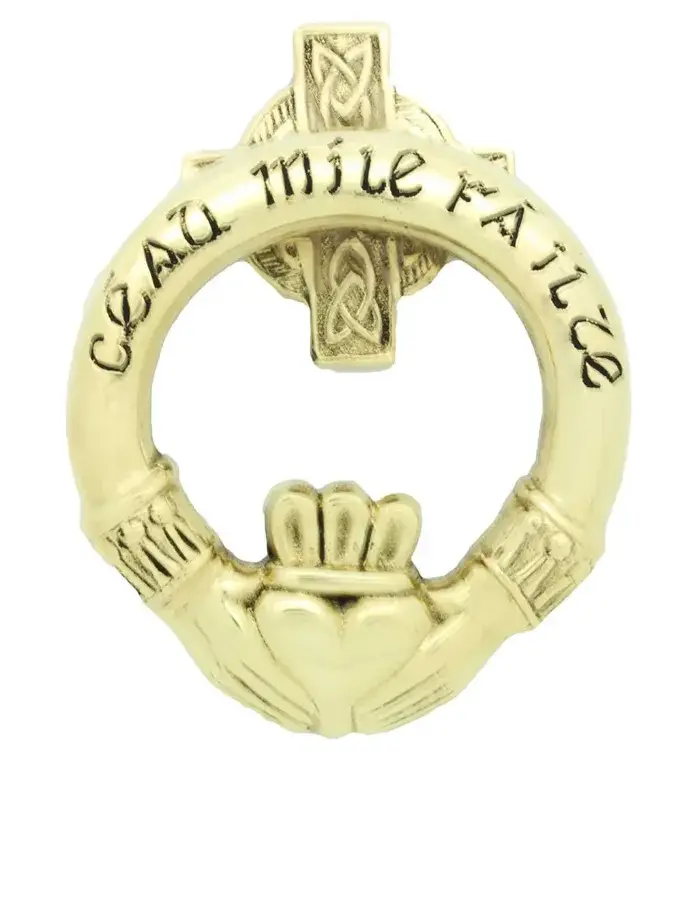 Irish Brass Celtic Claddagh Cross Cead Mile Failte Doorknocker Medium