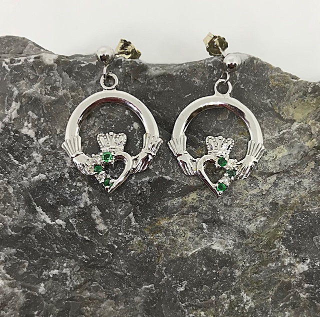 14kt White Gold Claddagh Drop Earrings 