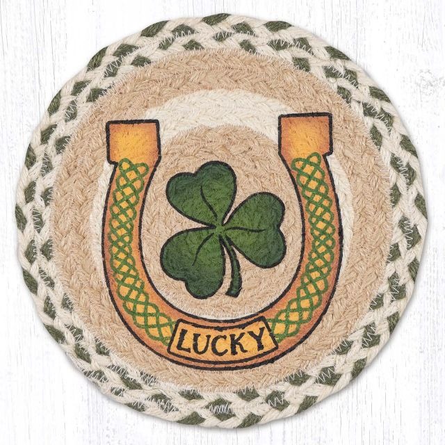 Shamrock Horseshoe Lucky Round Braided Jute Trivet