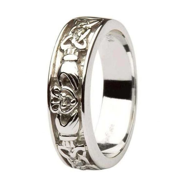 Claddagh Celtic Knots Pave Diamond Set Gents White Gold Wedding Band ...