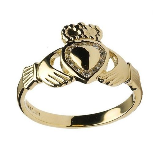Ladies 10K Yellow Gold Solid Claddagh Ring  CZ Center Clear Heart size 4-10 